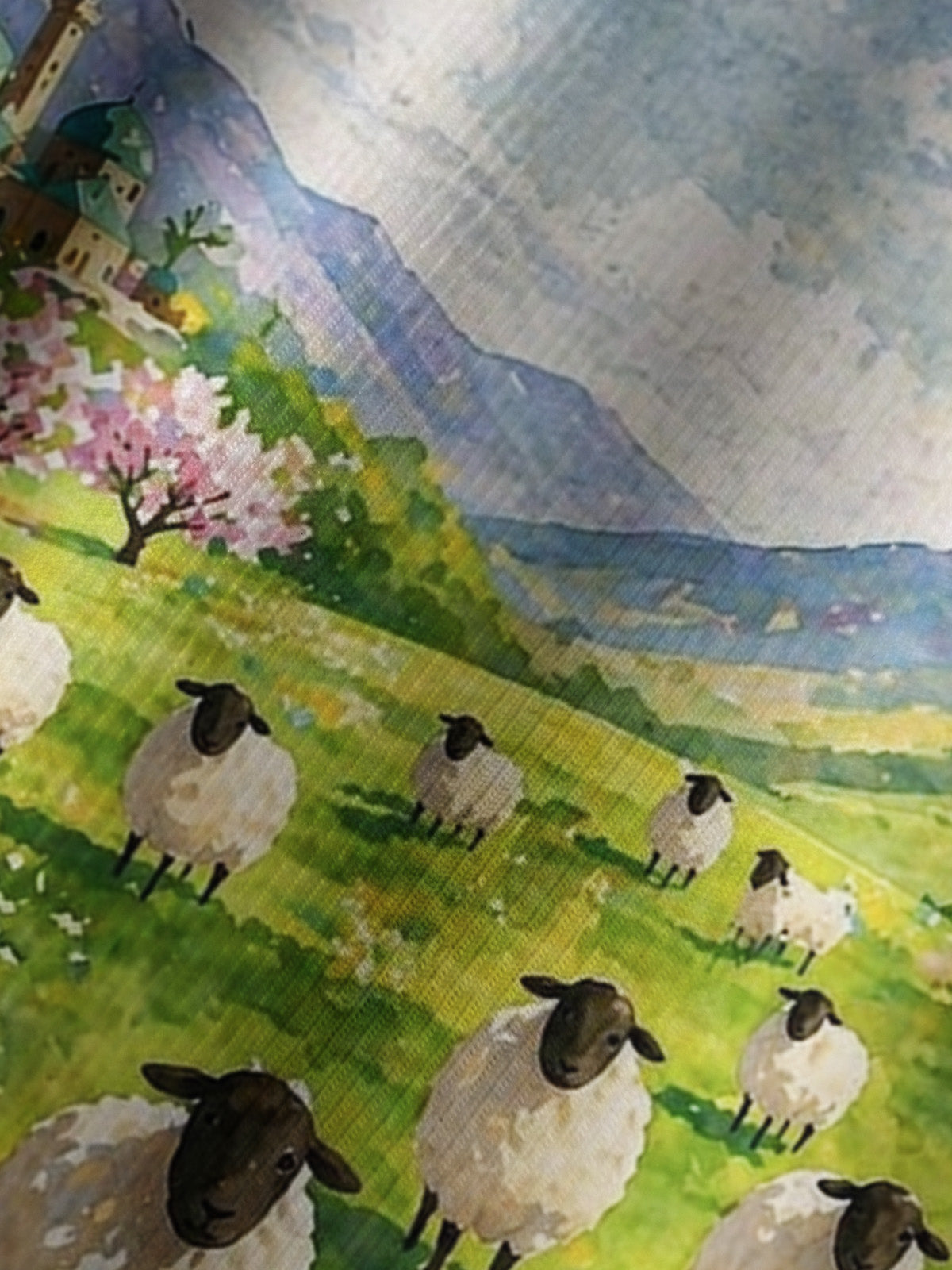 Spring Meadow Sheep and Blossoms Landscape Print Boho Long Sleeve Tie‑Neck Blouse