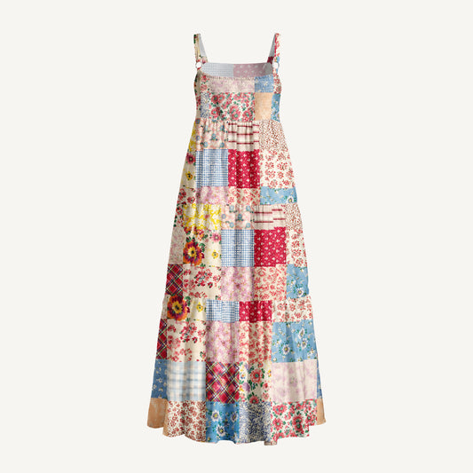Country Cottage Patchwork Print Wide Straps Maxi Dress With Pockets