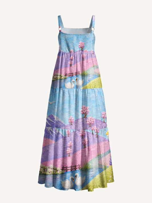 Pastel Swan Meadow Print Wide Straps Maxi Dress With Pockets
