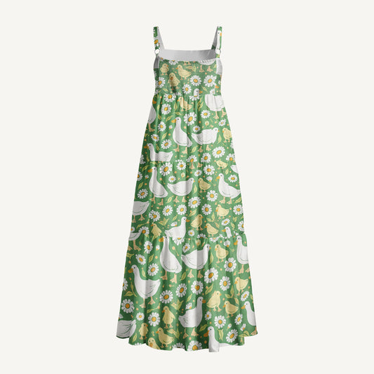 Cottage Farm Ducks Print Wide Straps Maxi Dress With Pockets