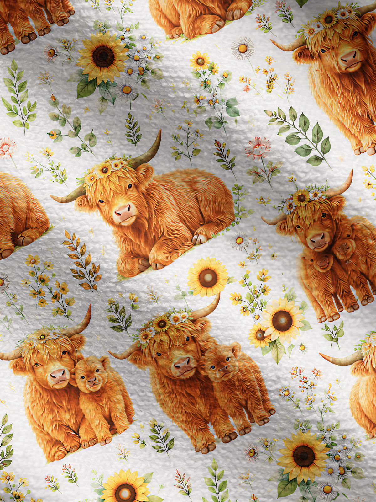 Lightweight Crew Neck Long‑Sleeve Cropped Spring Highland Cow Floral Print Fine‑Knit Cardigan