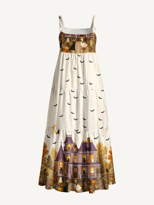 Moonlit Pumpkin Manor Print Wide Straps Maxi Dress With Pockets