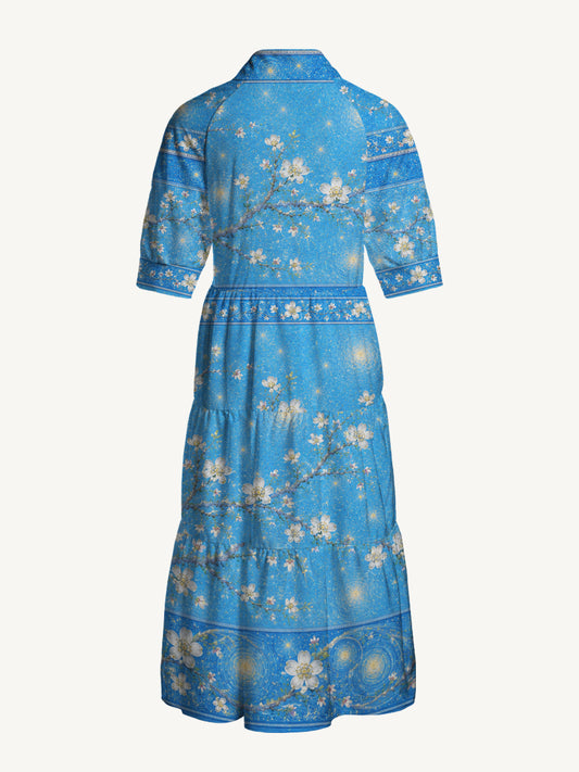 V Neck Collared Night Garden Starry Print Casual Midi Dress With Pockets