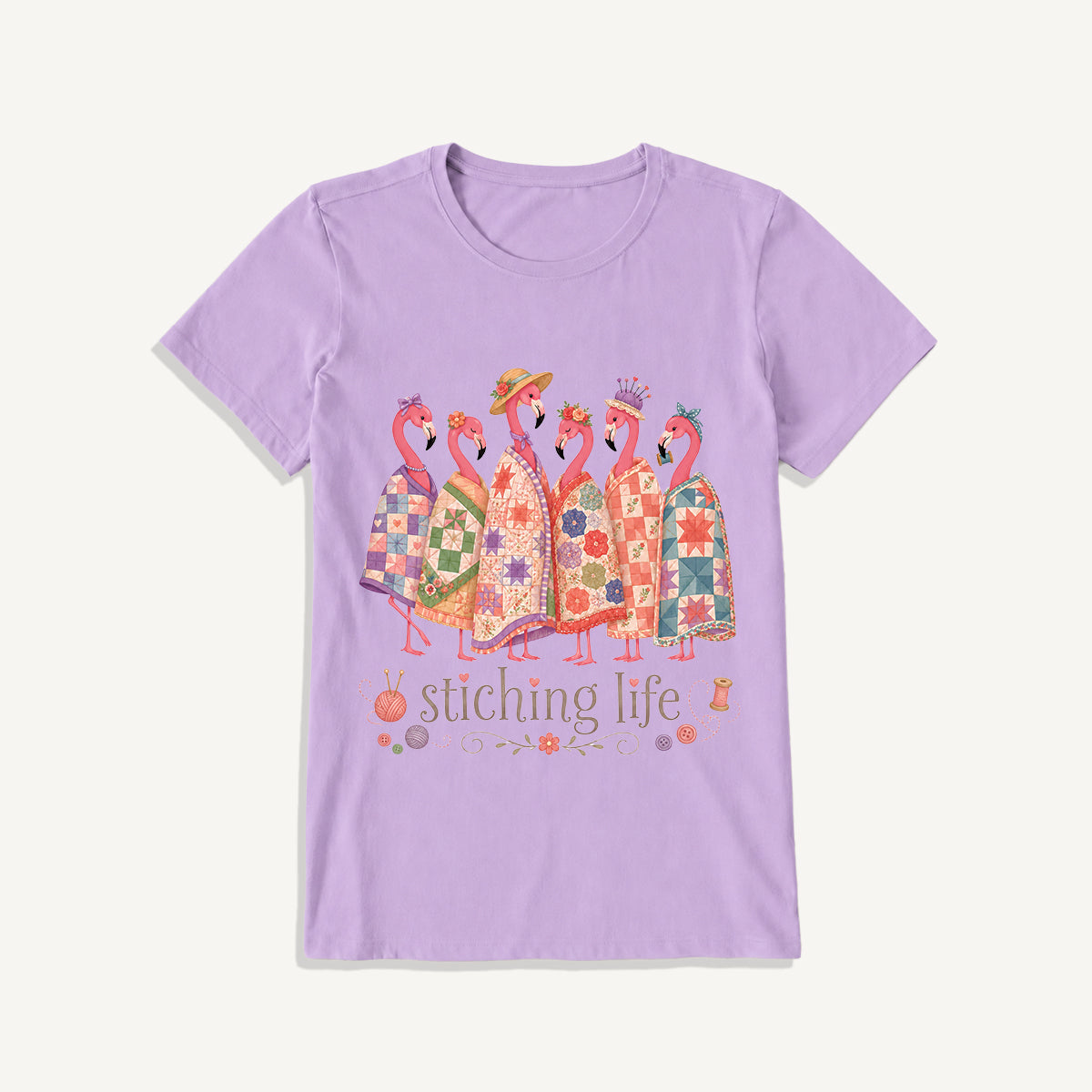 Quilted Flamingo Craft Club Print Crew Neck Cotton Tee