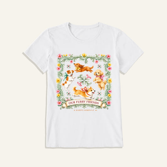 Playful Furry Friends Print Crew Neck Cotton Tee