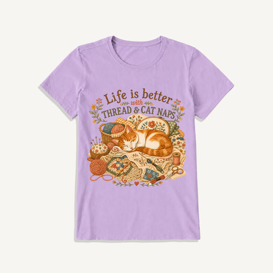 Thread and Cat Naps Print Crew Neck Cotton Tee
