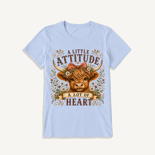 Little Attitude Highland Cow Print Crew Neck Cotton Tee