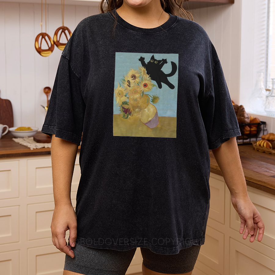 Vintage Cat Sunflowers Washed T-Shirt