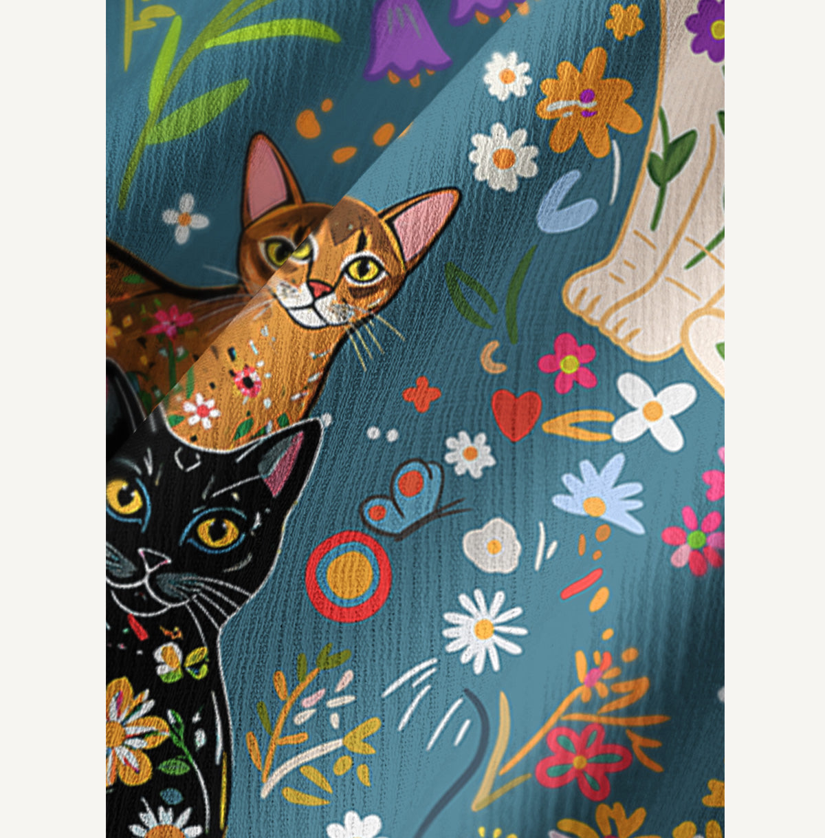 Colorful Garden Cat Pattern Print Wide Leg Tie Waist Pants With Pockets