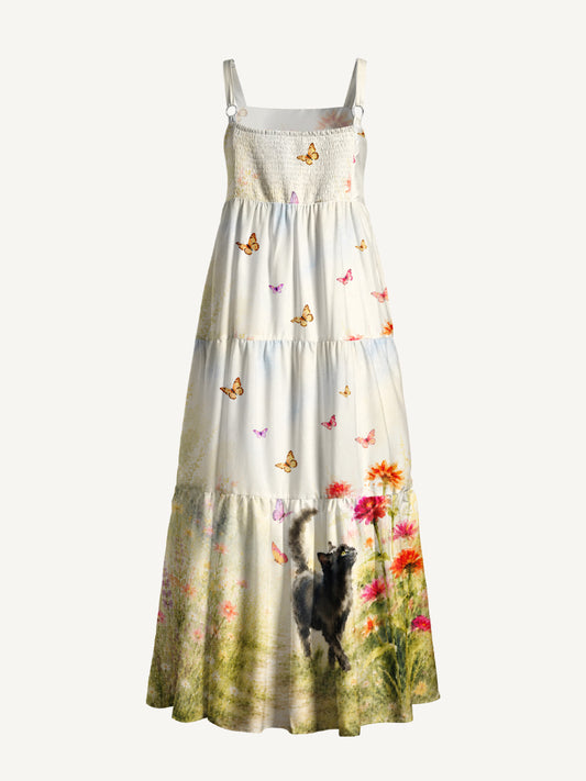 Black Cat in Blooming Garden Watercolor Print Wide Straps Maxi Dress With Pockets