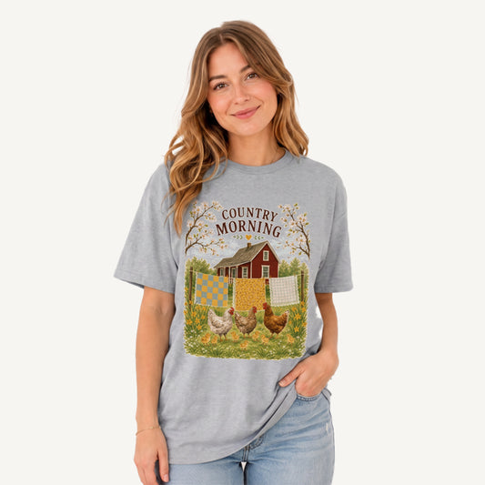 Country Morning Hen and Chicks Print Crew Neck Cotton Tee
