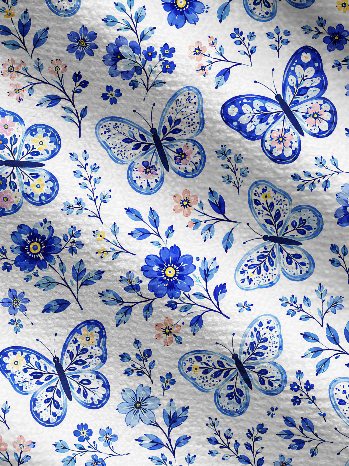Lightweight Crew Neck Long‑Sleeve Cropped Delft Blue Butterfly Floral Print Fine‑Knit Cardigan