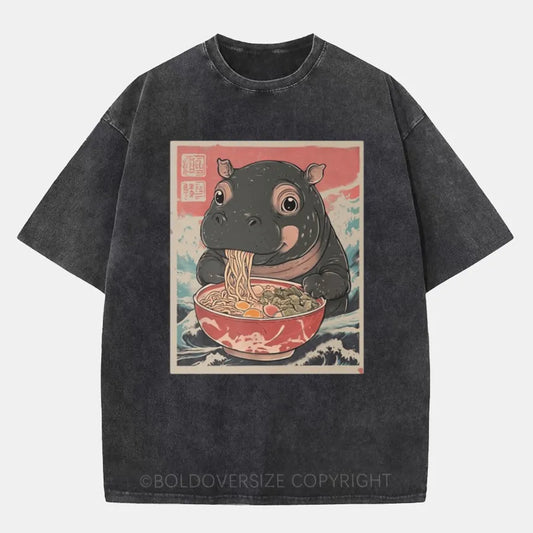 Vintage Moo Deng Hippo Eat Ramen Washed T-Shirt