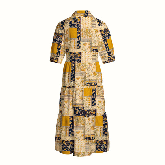 Vintage Mustard and Navy Floral Patchwork Print Casual Midi Dress With Pockets