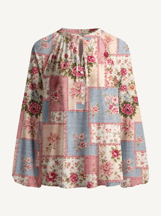 Vintage Pink and Blue Floral Patchwork Print Boho Long Sleeve Tie‑Neck Blouse