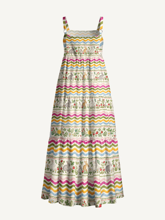 Strawberry Bunny Waves Print Wide Straps Maxi Dress With Pockets