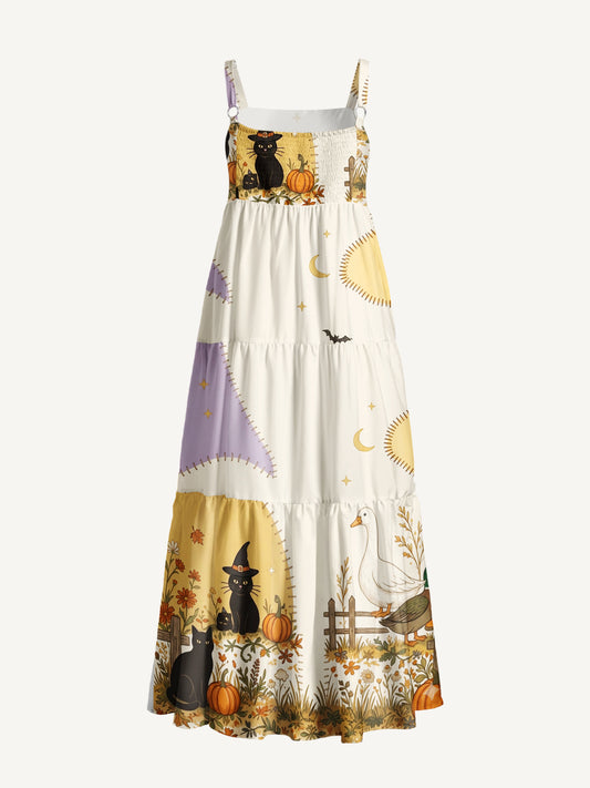 Pumpkin Farm Black Cat Magic Print Wide Straps Maxi Dress With Pockets