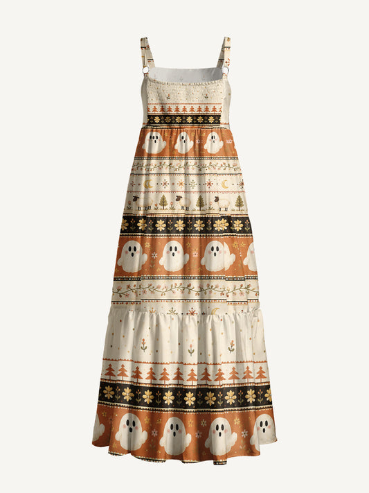 Vintage Ghost Folklore Pattern Print Wide Straps Maxi Dress With Pockets