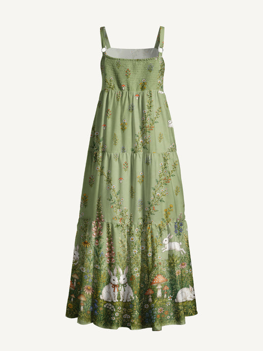 Bunny Meadow Garden Print Wide Straps Maxi Dress With Pockets