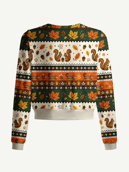 Lightweight Crew Neck Long‑Sleeve Cropped Autumn Squirrel Harvest Print Fine‑Knit Cardigan