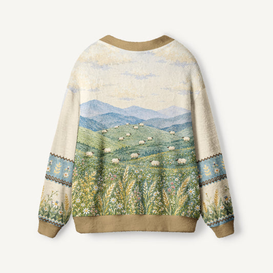 Cream Countryside Cow Border Print Halloween Ugly Cardigan Sweaters