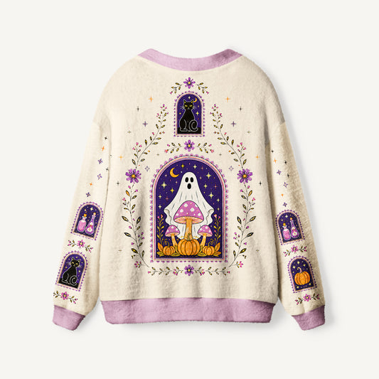 Moonlit Ghost Garden Print Halloween Ugly Cardigan Sweaters