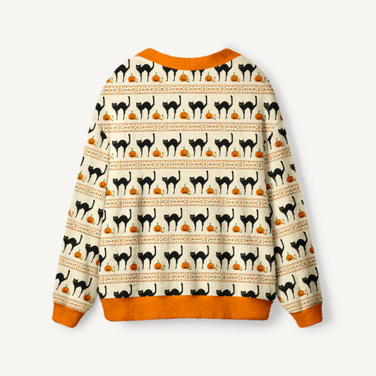 Pumpkin Lane Black Cat Print Ugly Cardigan Sweaters