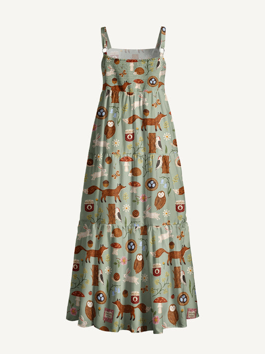 Woodland Nature Notes Print Wide Straps Maxi Dress With Pockets