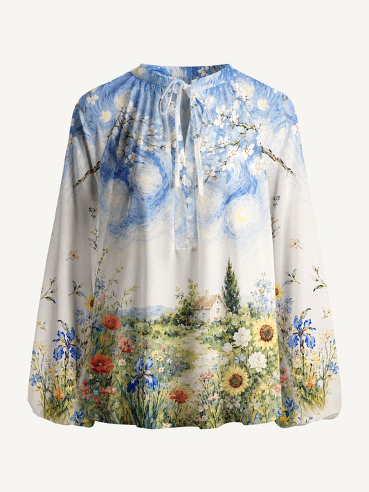 Starlit Flower Pat Print Boho Long Sleeve Tie‑Neck Blouse