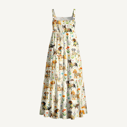 Cute Dog Garden Print Wide Straps Maxi Dress With Pockets