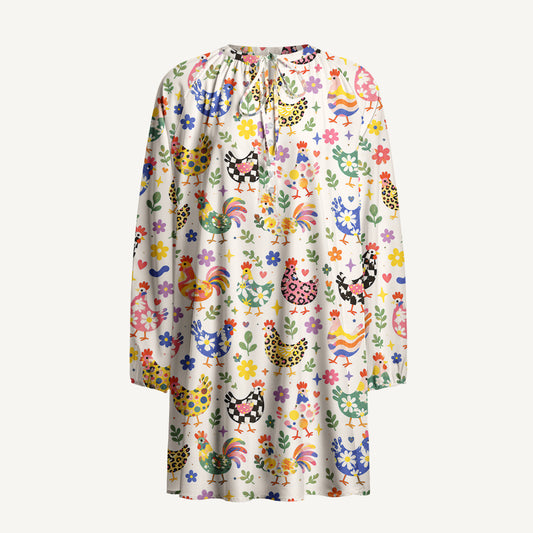 Funky Retro Chicken Print Boho Tie‑Neck Smock Mini Dress