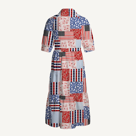 Patriotic Patchwork Quilt Print Casual Midi Dress With Pockets