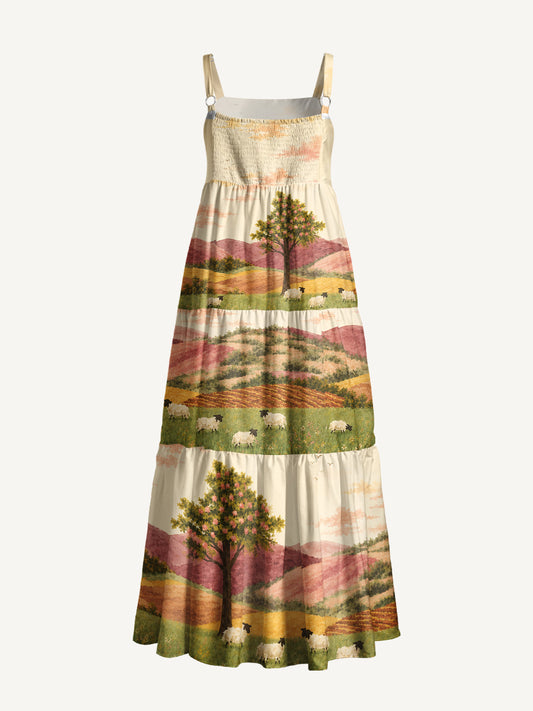 Cottagecore Pastel Hills Print Wide Straps Maxi Dress With Pockets