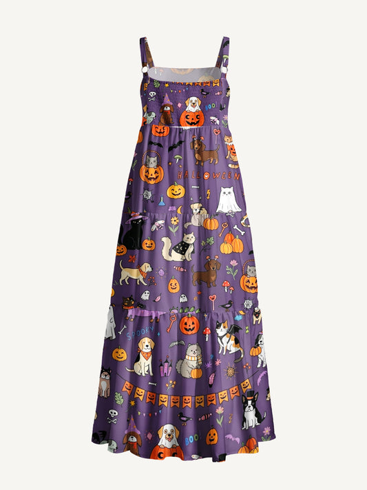 Halloween Spooky Pet Parade Print Wide Straps Maxi Dress With Pockets