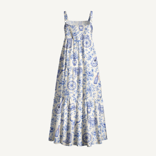 Blue Prairie Toile Print Wide Straps Maxi Dress With Pockets