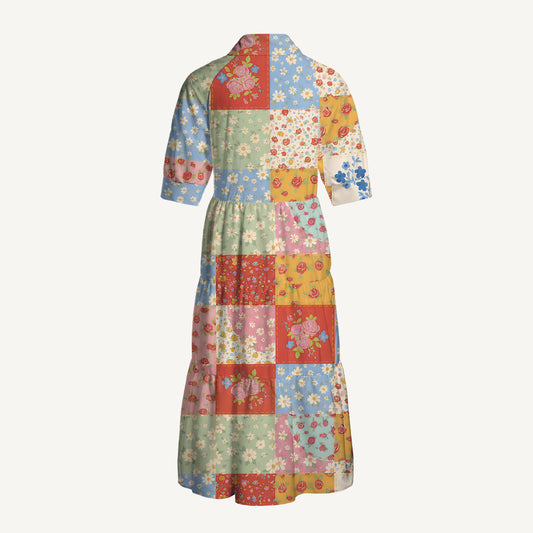 V Neck Collared Vintage Flower Print Quilt Print Casual Midi Dress With Pockets