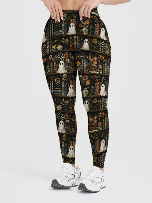 Vintage Tiered Bookshelf Fall Flower Ghost Leggings