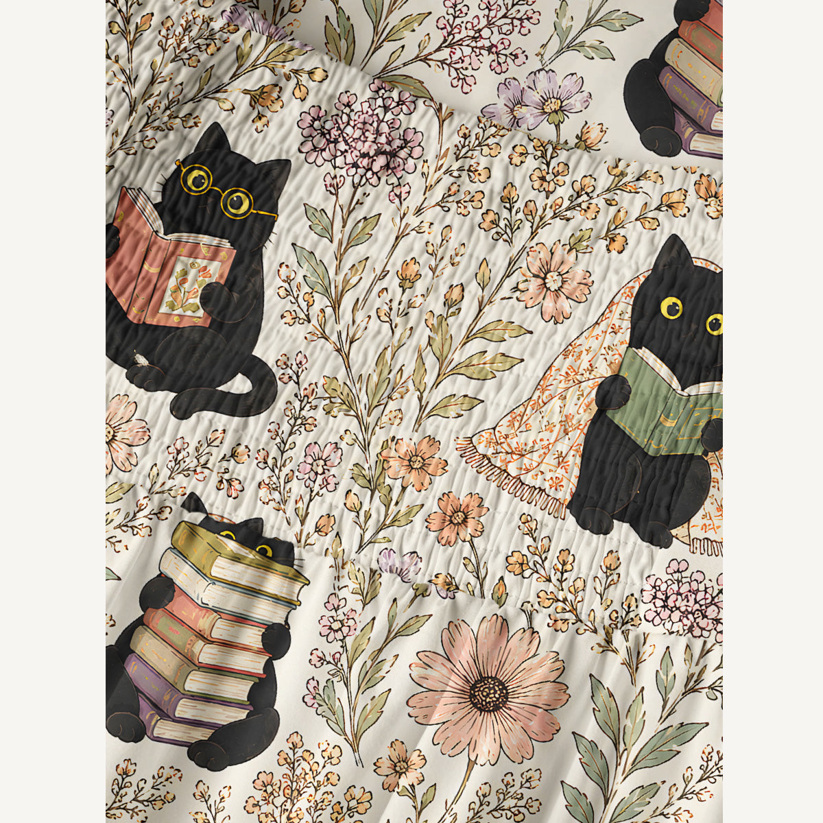 Books Blooms and Black Cats Print Cotton Wide Straps Maxi Dress With Pockets