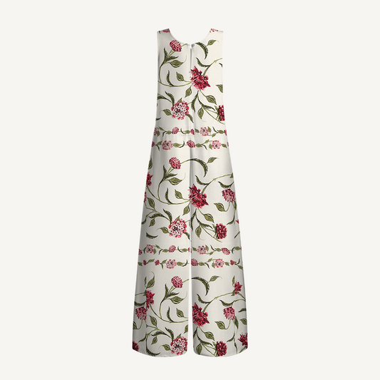 V-Neck Red Floral Print Boho Jumpsuit with Pockets for Women