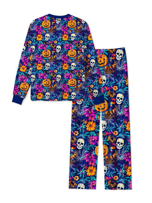 Vintage Neon Line Art Halloween Pumpkin Witch Ghost Black Pajamas