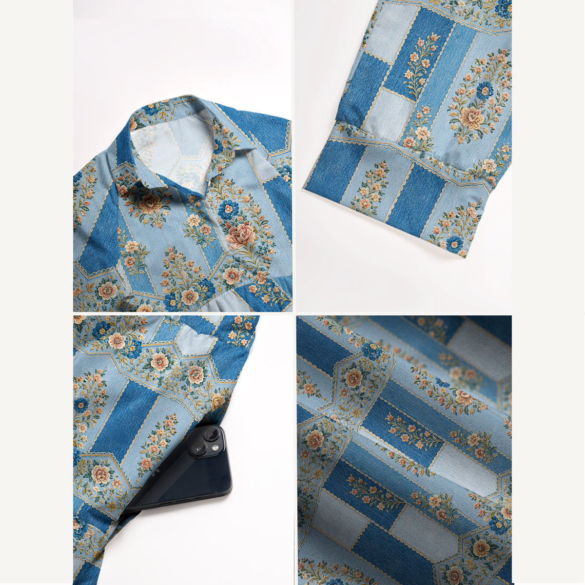 V Neck Collared Vintage Blue Tapestry Floral Stripe Print Casual Midi Dress With Pockets