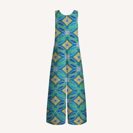 V-Neck Azure Tile Boho Jumpsuit with Pockets for Women