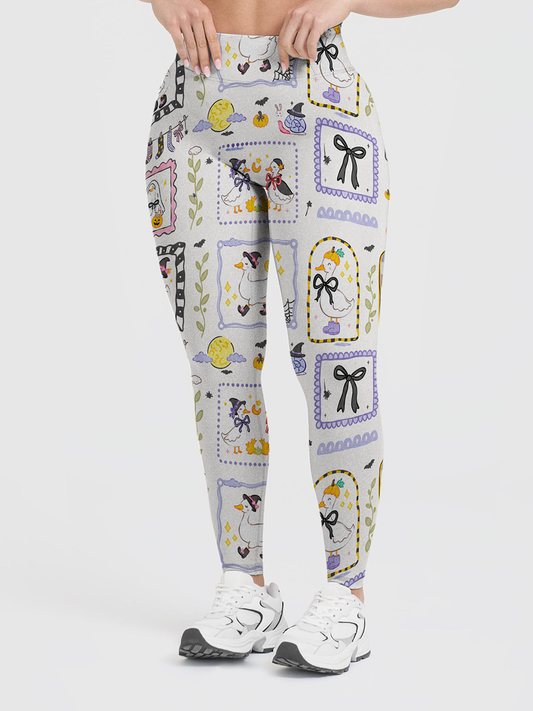 Vintage Sticker Frame Duck Halloween Patchwork Leggings