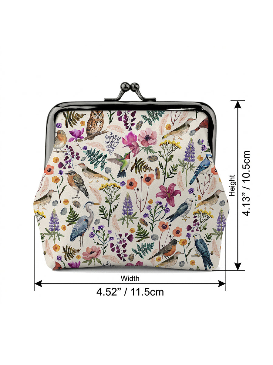 Whimsical Woodland Birds Wildflowers Print Leather Mini Clasp Purse