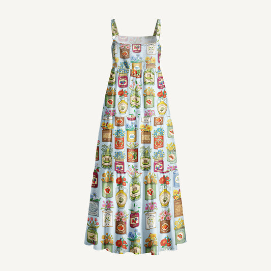 Vintage Pantry Label Print Wide Straps Maxi Dress With Pockets