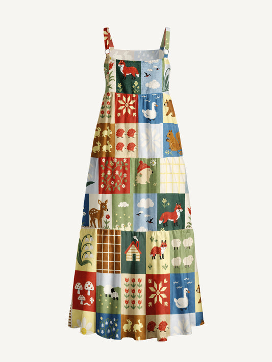 Forest Patchwork Animal Garden Print Wide Straps Maxi Dress With Pockets