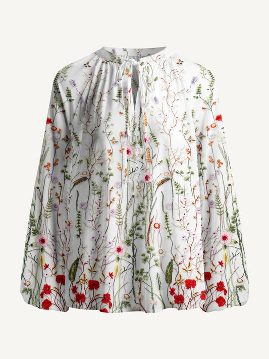 Misty Forest Wildflower Print Boho Long Sleeve Tie‑Neck Blouse