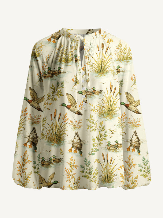 Duck Hunting Marsh Print Boho Long Sleeve Tie‑Neck Blouse