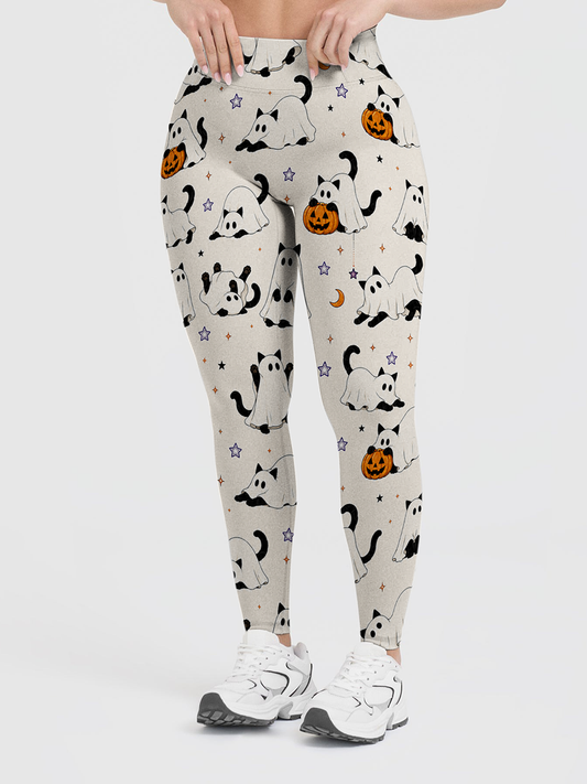 Vintage Ghost Black Cat Pumpkin Halloween Leggings
