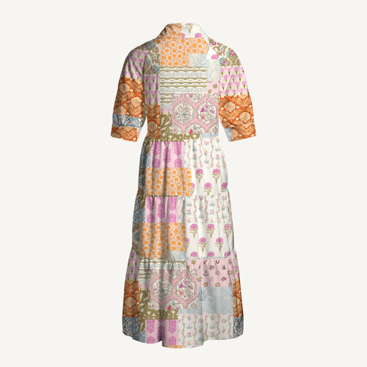 V Neck Collared Timeless Floral Patchwork Print Quilt Print Casual Midi Dress With Pockets